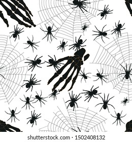 Skeleton of human hands in black silhouette  with orange outline, spiders and spider webs. Seamless vector pattern.
