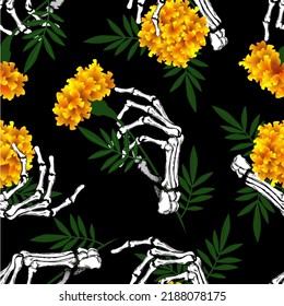 Skeleton of a human hands with marigold flowers seamless pattern.Day of the Dead vector illustration.