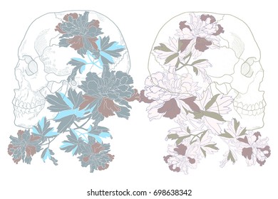 Skeleton of the human head, vintage engraved illustration with flower design on white.