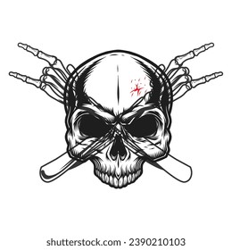 Skeleton of human horror head  and Crossed wrenches graphic vector with a white background, head and hands