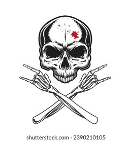 Skeleton of human horror head  and Crossed wrenches graphic vector with a white background, head and hands