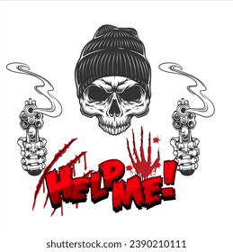 Skeleton of human horror head  and Crossed wrenches graphic vector with a white background, head and hands