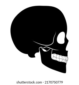 Skeleton Human skull silhouette head body bones - cranium, facial, calvaria, mandible, skullcap, sinuses side view flat black color concept Vector illustration of anatomy isolated on white background