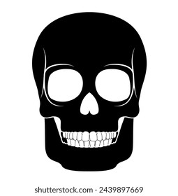 Skeleton Human skull silhouette head body bones - cranium, facial, calvaria, mandible front Anterior ventral view flat black color concept Vector illustration of anatomy isolated on white background