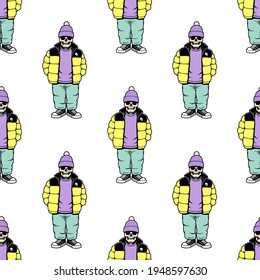 SKELETON HYPEBEAST IN FASHIONABLE YOUTH CLOTHING COLOR SEAMLESS PATTERN WHITE BACKGROUND