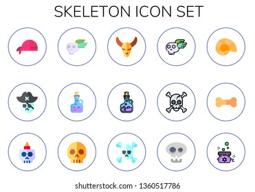 skeleton icon set. 15 flat skeleton icons.  Simple modern icons about  - pirate scarf, skull, poison, bull skull, fossil, bone