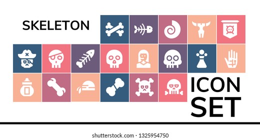 Skeleton Icon Set. 19 Filled Skeleton Icons.  Simple Modern Icons About  - Bones, Skull, Ossuary, Bone, Pirate Scarf, Fishbone, Yorick, Teleoperator, Poison, Radiography, Fish Bone