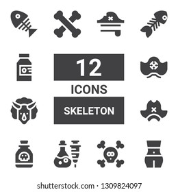 skeleton icon set. Collection of 12 filled skeleton icons included Body, Bones, Poison, Pirate hat, Triceratops, Fish bone