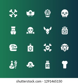 skeleton icon set. Collection of 16 filled skeleton icons included Bone, Poison, Pirate hat, Triceratops, Bones, Fossil, Bull skull, Skull, Body, Mexican skull