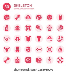 skeleton icon set. Collection of 30 filled skeleton icons included Skull, Fish bone, Pirate hat, Triceratops, Poison, Mexican skull, Eyepatch, Body, Bone, Bull skull, Fish bones