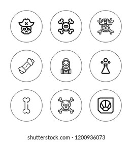 Skeleton icon set. collection of 9 outline skeleton icons with bone, bones, fossil, poison, reaper icons. editable icons.