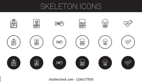 skeleton icons set. Collection of skeleton with poison, fishbone, skull, bones. Editable and scalable skeleton icons.