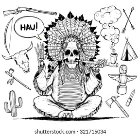 Skeleton Indians chieftain. And set objects related to Indians. Black and white.