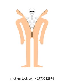 Skeleton inside person. Skeleton climbs out of man. Skin anatomical human suit
