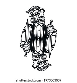 Skeleton jack with dagger for playing card in vintage monochrome style isolated vector illustration