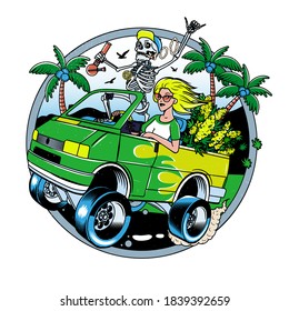 Skeleton with Jamb and Blondie Girl driving Van with Cannabis Bushes. Poster or T-shirt Designs. Vector Illustration.