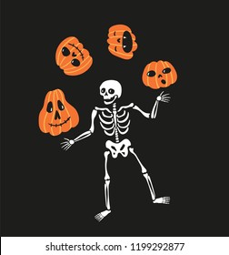 Skeleton juggles pumpkins. Greeting card for Halloween. Cute and funny vector design.