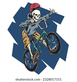 Skeleton jumping on bmx bicycle, teenager doing trick comic style vector illustration