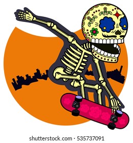 Skeleton jumping on a skateboard. Vector flat and linear. Illustration of skeleton. Web banners, advertisements, brochures, business templates. Isolated on a white background.