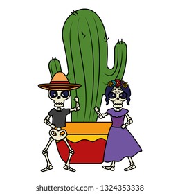 skeleton of katrina and mariachi with cactus