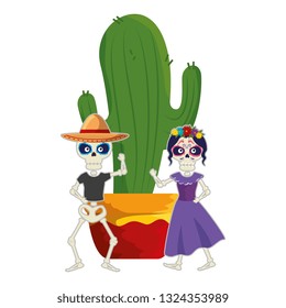 skeleton of katrina and mariachi with cactus