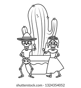 skeleton of katrina and mariachi with cactus