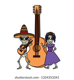 skeleton of katrina and mariachi with guitar