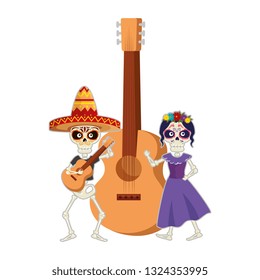 skeleton of katrina and mariachi with guitar