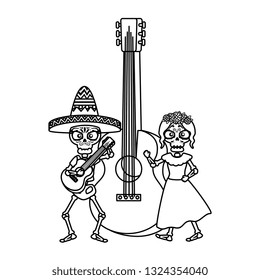 skeleton of katrina and mariachi with guitar