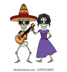 skeleton of katrina and mariachi playing guitar characters