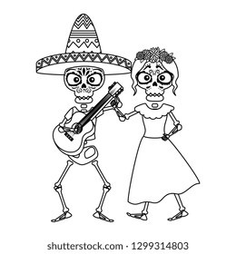 skeleton of katrina and mariachi playing guitar characters