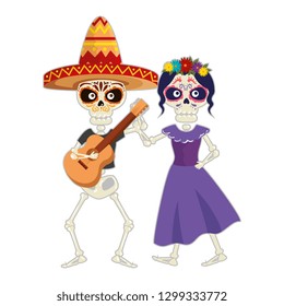 skeleton of katrina and mariachi playing guitar characters