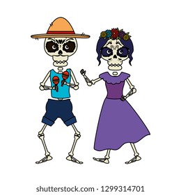 skeleton of katrina and mariachi playing maracas