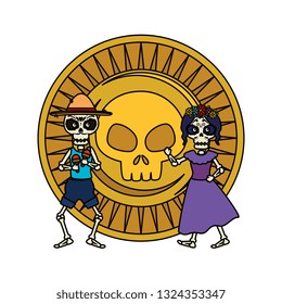 skeleton of katrina and mariachi with skull coin