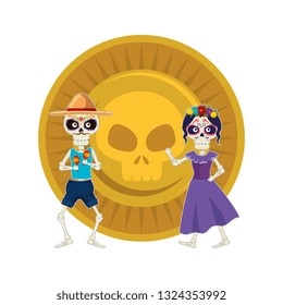 skeleton of katrina and mariachi with skull coin