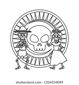 skeleton of katrina and mariachi with skull coin