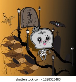Skeleton kawaii in a cemetery. Halloween cartoon - Vector