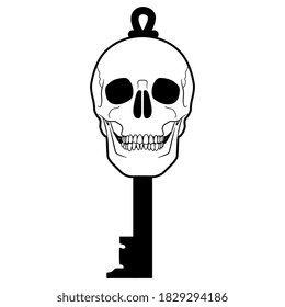Skeleton key with human skull. Creative concept for dangerous secret. Black and white silhouette.