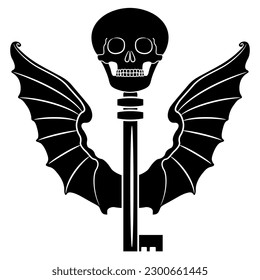 Skeleton key with human skull as its head and bat wings. Funny spooky concept. Black and white silhouette.