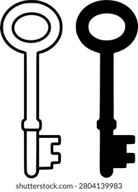 Skeleton key illustration, minimalist outline and silhouette icon