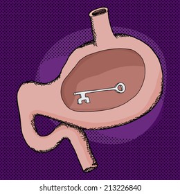 Skeleton key inside human stomach over purple background