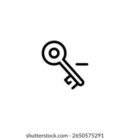 A skeleton key oriented diagonally with a circular head, combined with a minus symbol. Designed in a minimalist, flat 2D vector style.