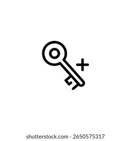 A skeleton key oriented diagonally with a circular head, combined with a plus symbol. Designed in a minimalist, flat 2D vector style.