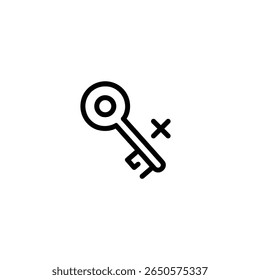 A skeleton key oriented diagonally with a circular head, combined with an 'x' or cross mark. Designed in a minimalist, flat 2D vector style.