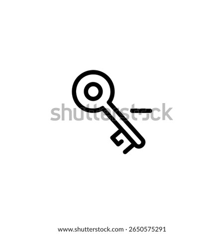 A skeleton key oriented diagonally with a circular head, combined with a minus symbol. Designed in a minimalist, flat 2D vector style.