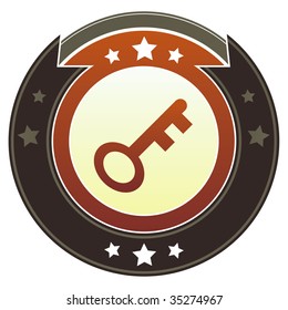 Skeleton key or password icon on round red and brown imperial vector button with star accents suitable for use on website, in print and promotional materials, and for advertising.