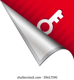 Skeleton key, password, or login icon on vector peeled corner tab suitable for use in print, on websites, or in advertising materials.