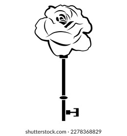 Skeleton key with rose flower head. Creative design. Black and white silhouette.