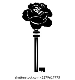 Skeleton key with rose flower head. Creative design. Black and white silhouette.