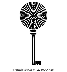 Skeleton key with a round spiral maze or labyrinth symbol as its head. Creative concept. Clue to the mystery. Black and white silhouette.